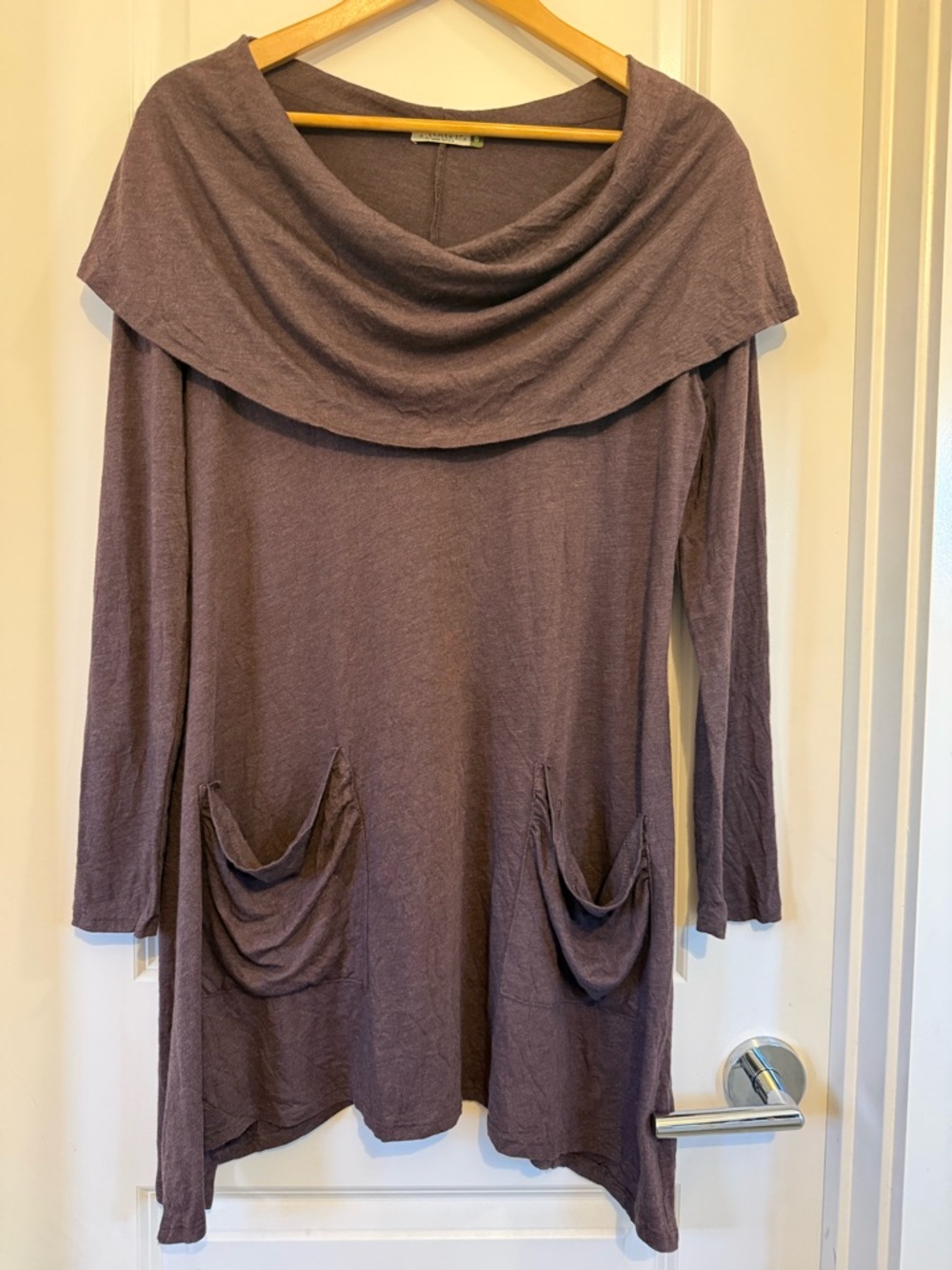 Chalet et Ceci Drape Neck Tunic Top chocolate brown Slub Knit Small lagenlook